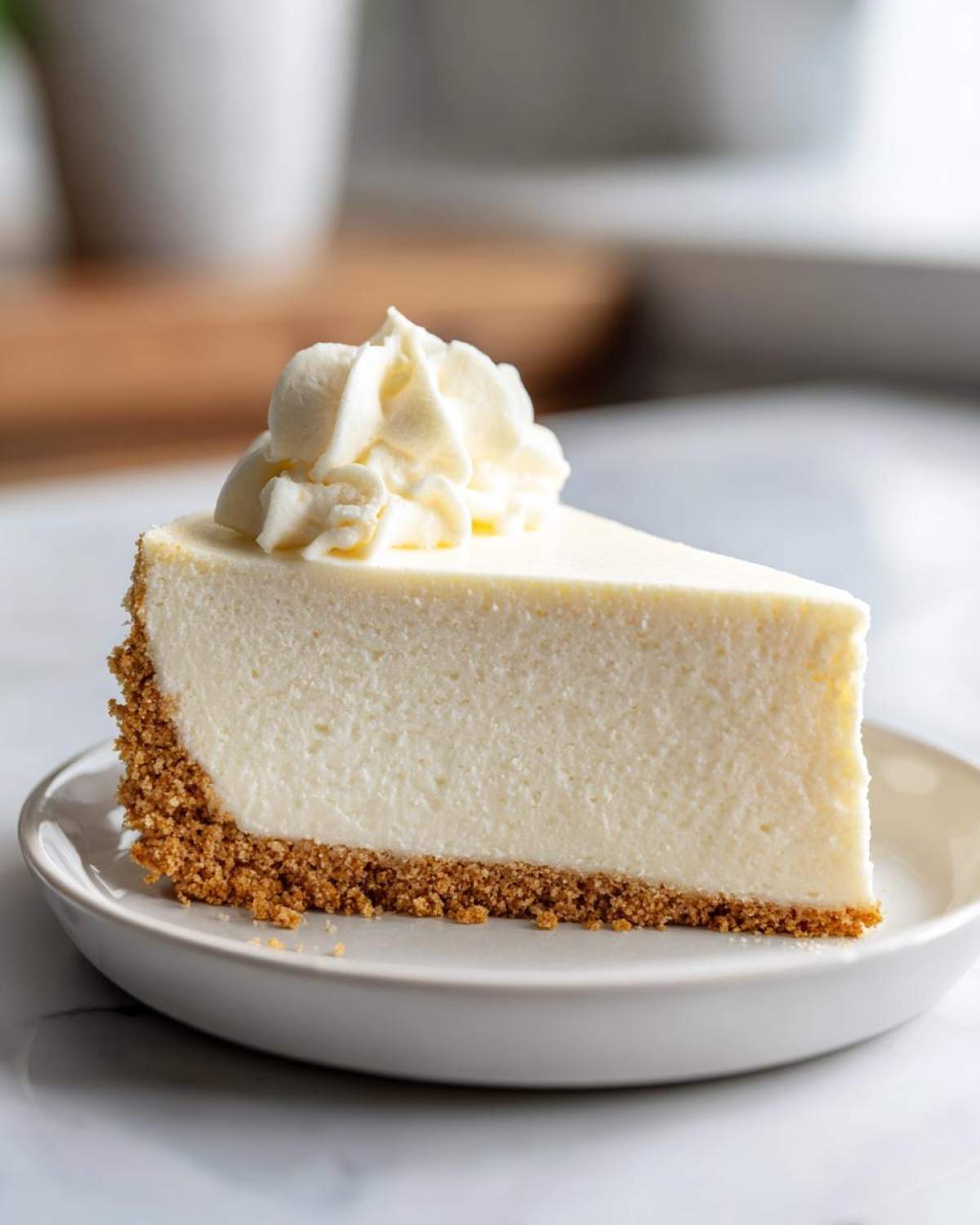 A perfect slice of creamy white chocolate cheesecake with a graham cracker crust, sitting on a white plate.