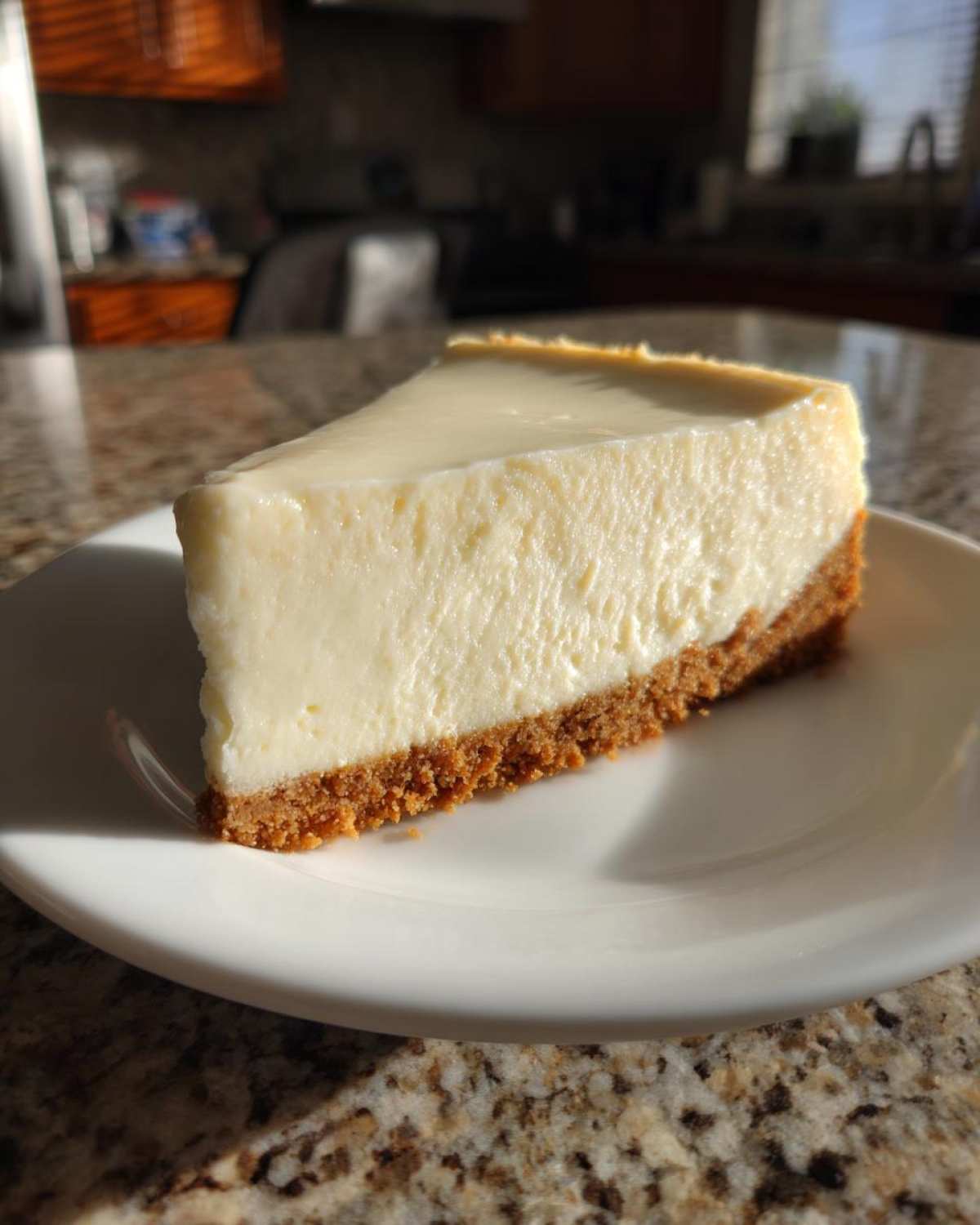 A perfect slice of creamy white chocolate cheesecake with a graham cracker crust, sitting on a white plate.
