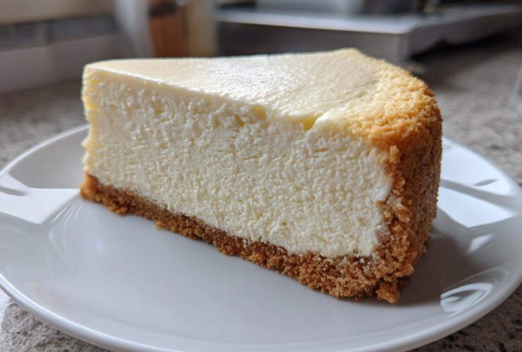 A perfect slice of creamy white chocolate cheesecake with a thick graham cracker crust, served on a white plate.