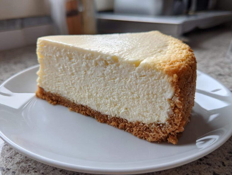 A perfect slice of creamy white chocolate cheesecake with a thick graham cracker crust, served on a white plate.