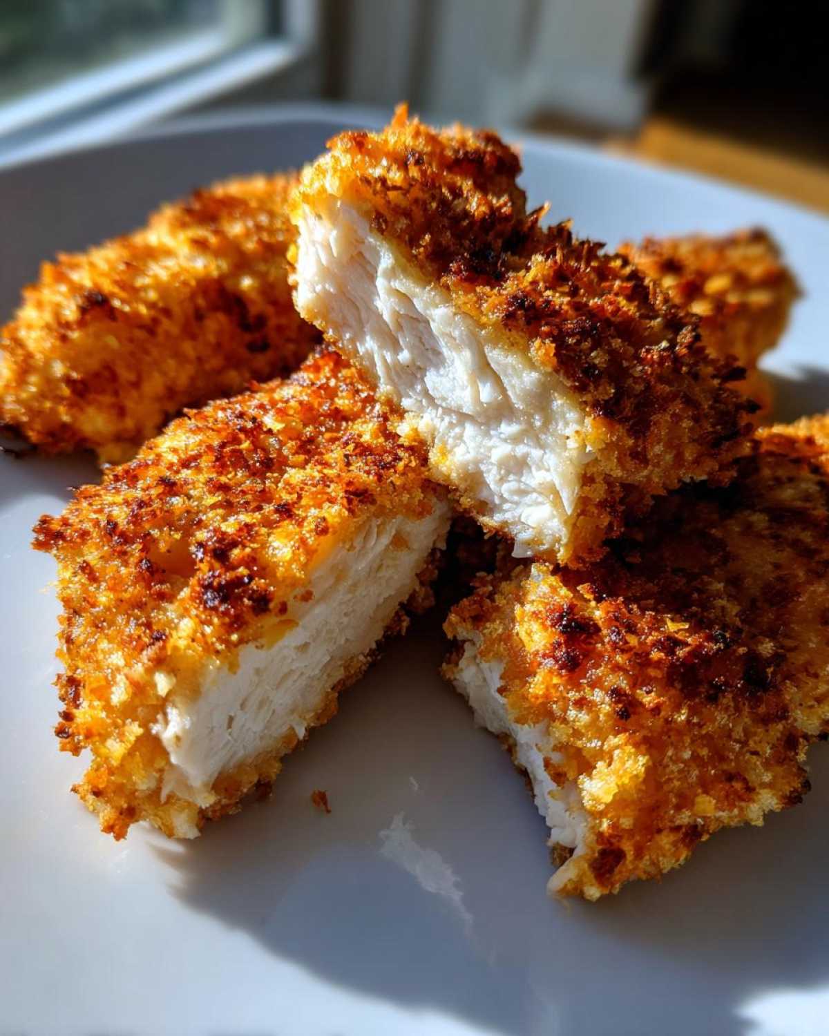 Close-up of perfectly cooked air fryer chicken tenders, showing the juicy white interior and crispy golden breading.