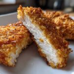 Close-up of two perfectly cooked air fryer chicken tenders, showing the crispy golden exterior and juicy white interior.