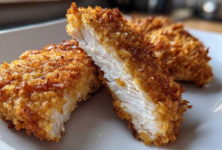 Close-up of two perfectly cooked air fryer chicken tenders, showing the crispy golden exterior and juicy white interior.