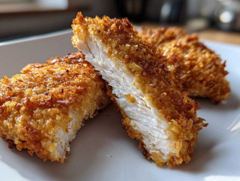 Close-up of two perfectly cooked air fryer chicken tenders, showing the crispy golden exterior and juicy white interior.
