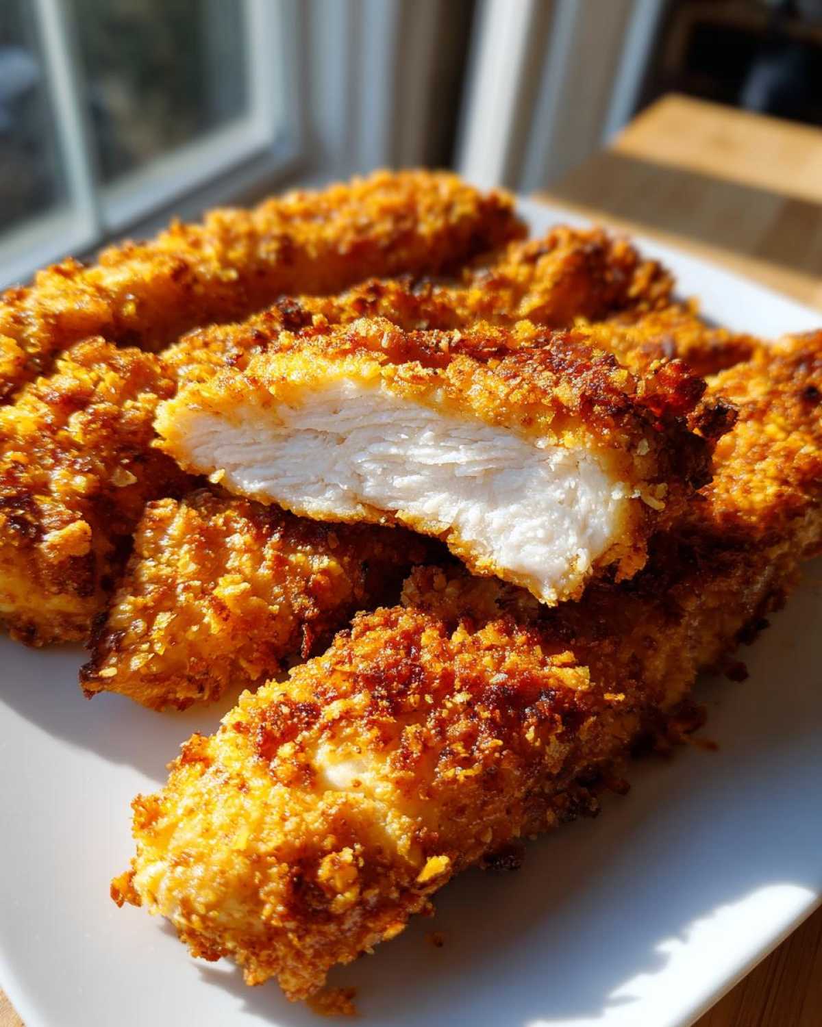 Close-up of golden brown, crispy air fryer chicken tenders, one is cut open showing juicy white meat inside.