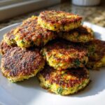 A stack of golden brown, Crispy Baked Zucchini Fritters with visible green herbs, served on a white plate.