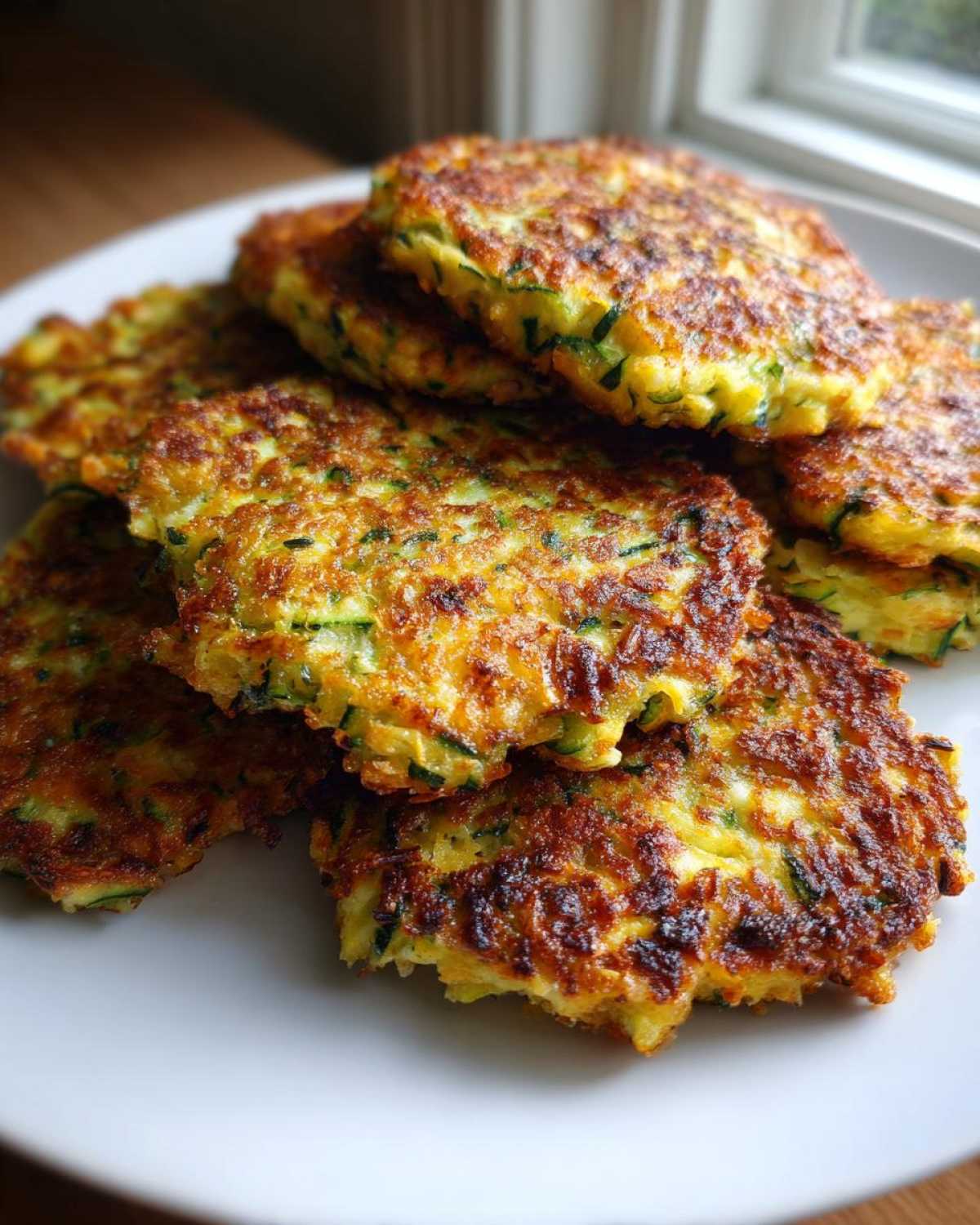 A stack of golden brown, crispy baked zucchini fritters showing visible shreds of green zucchini.