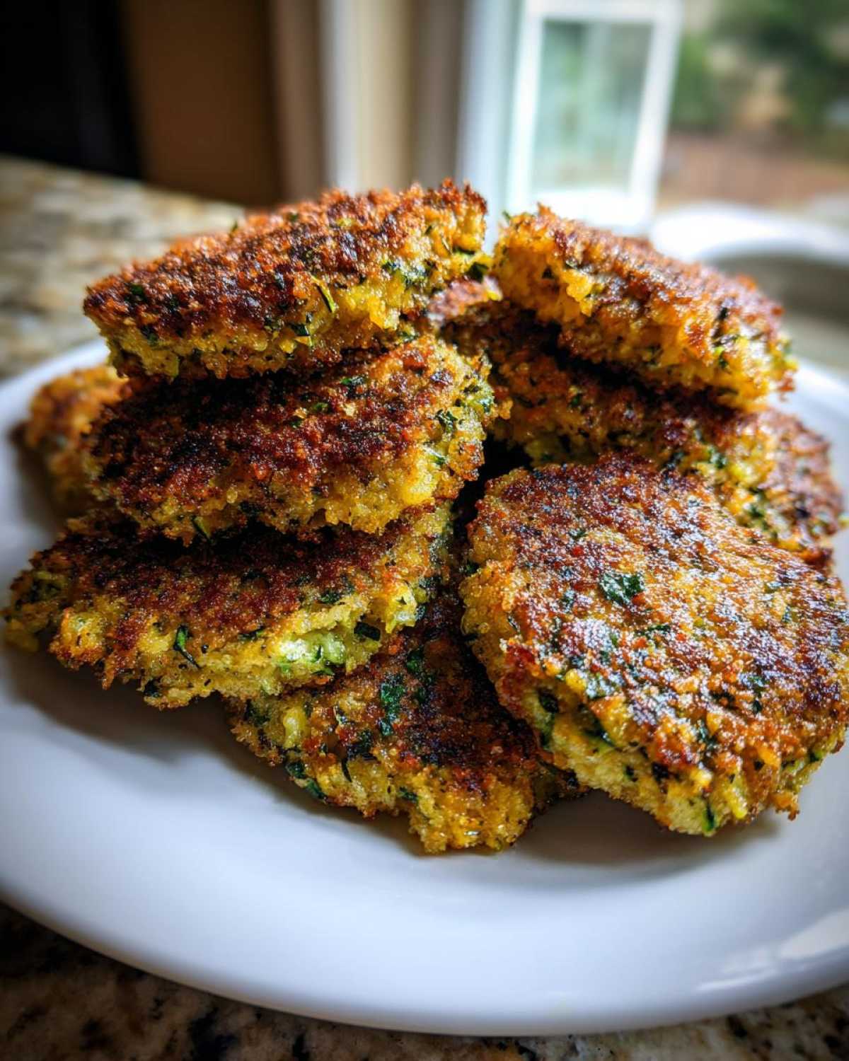 A close-up stack of golden brown, crispy baked zucchini fritters seasoned with herbs, served on a white plate.