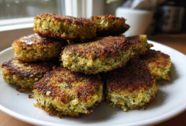 A stack of golden brown, crispy baked zucchini fritters piled high on a white plate.