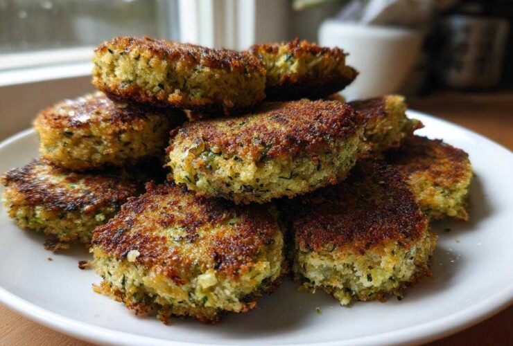 A stack of golden brown, crispy baked zucchini fritters piled high on a white plate.