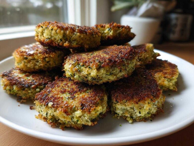 A stack of golden brown, crispy baked zucchini fritters piled high on a white plate.