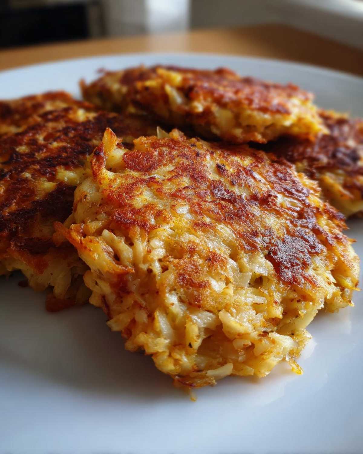 Close-up of several golden-brown, crispy Cabbage Fritters stacked on a white plate.
