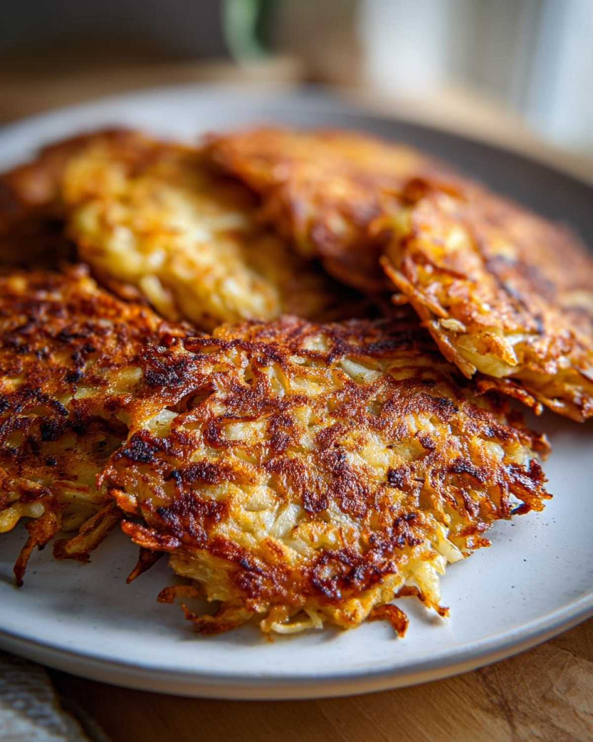Close-up of several golden-brown, crispy Cabbage Fritters piled on a light gray plate.