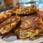 Close-up of several golden-brown, crispy Cabbage Fritters stacked on a white plate.