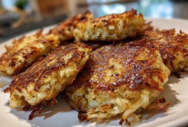 Close-up of several golden-brown, crispy Cabbage Fritters stacked on a white plate.