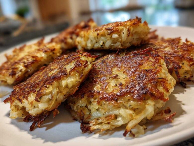 Close-up of several golden-brown, crispy Cabbage Fritters stacked on a white plate.