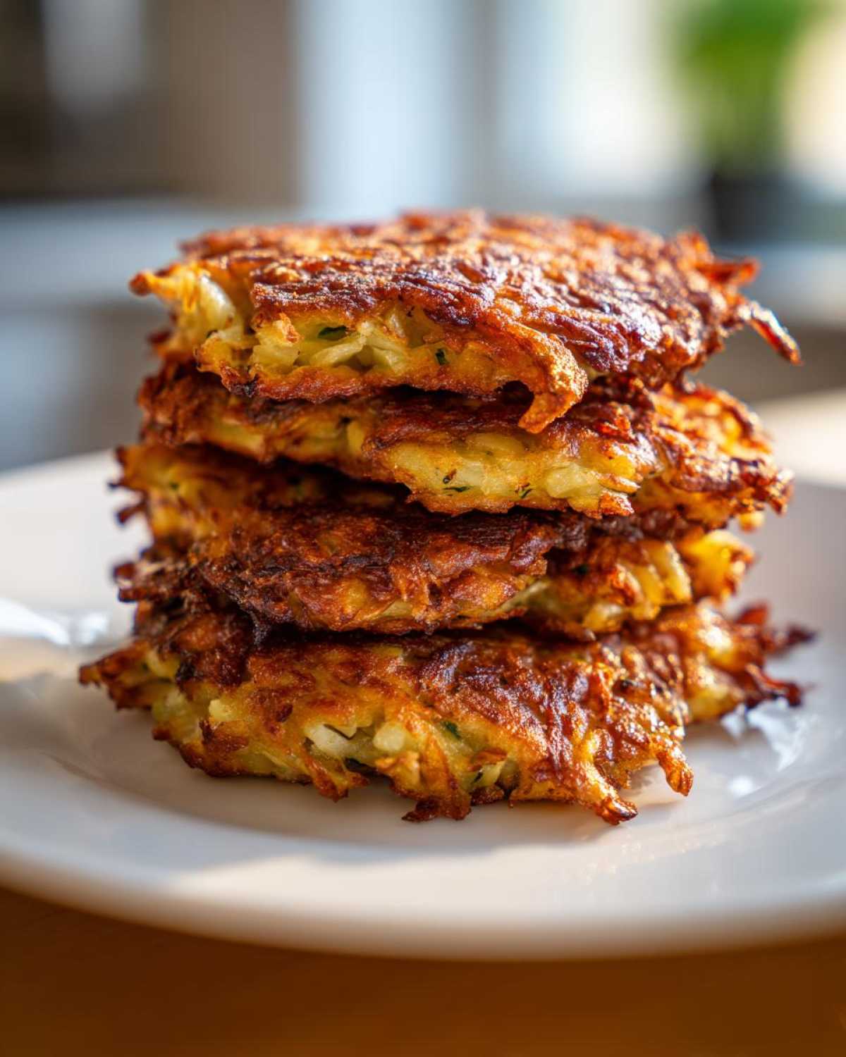 A tall stack of four golden-brown, crispy Cabbage Fritters served on a white plate.