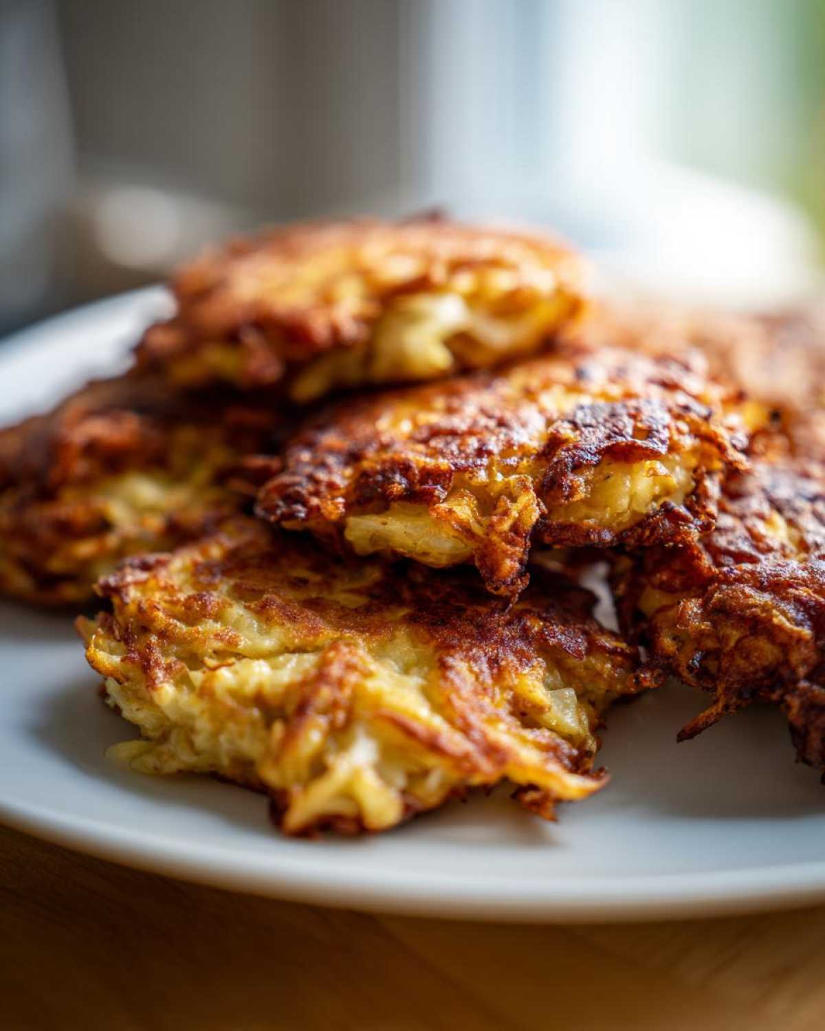 Close-up of a stack of golden-brown, crispy Cabbage Fritters piled on a white plate.
