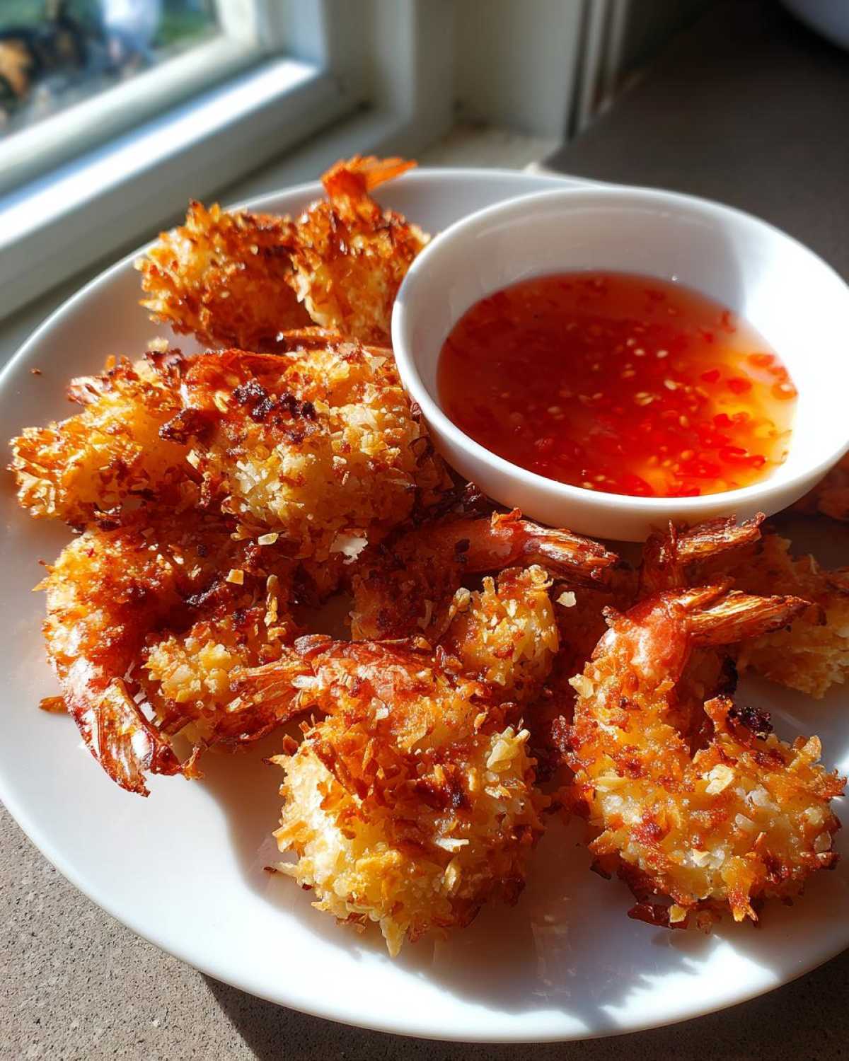 A plate of golden brown, crispy coconut shrimp served with a small white bowl of bright red sweet chili sauce.