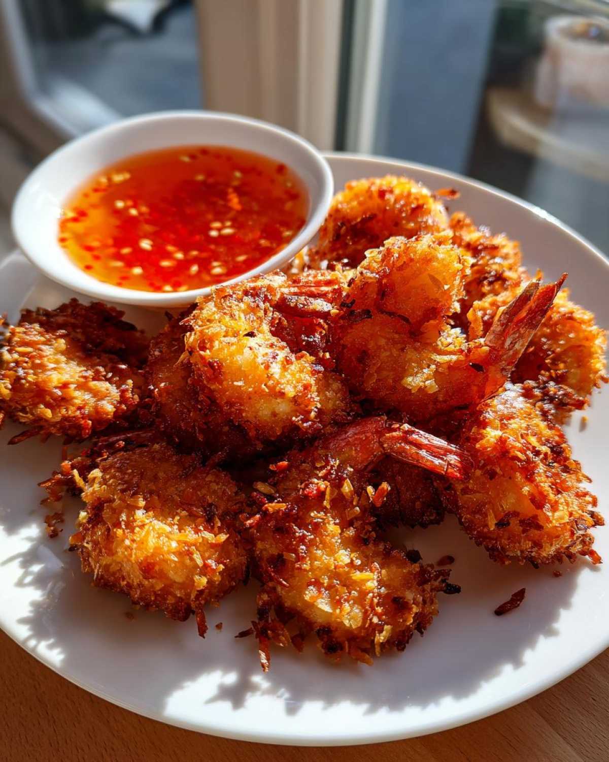 A plate piled high with golden brown, crispy coconut shrimp served with a small bowl of sweet chili dipping sauce.