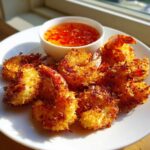A plate of golden brown, crispy coconut shrimp served with a small bowl of bright orange sweet chili dipping sauce.