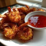 A plate piled high with golden brown, crispy coconut shrimp served next to a small bowl of bright red sweet chili dipping sauce.