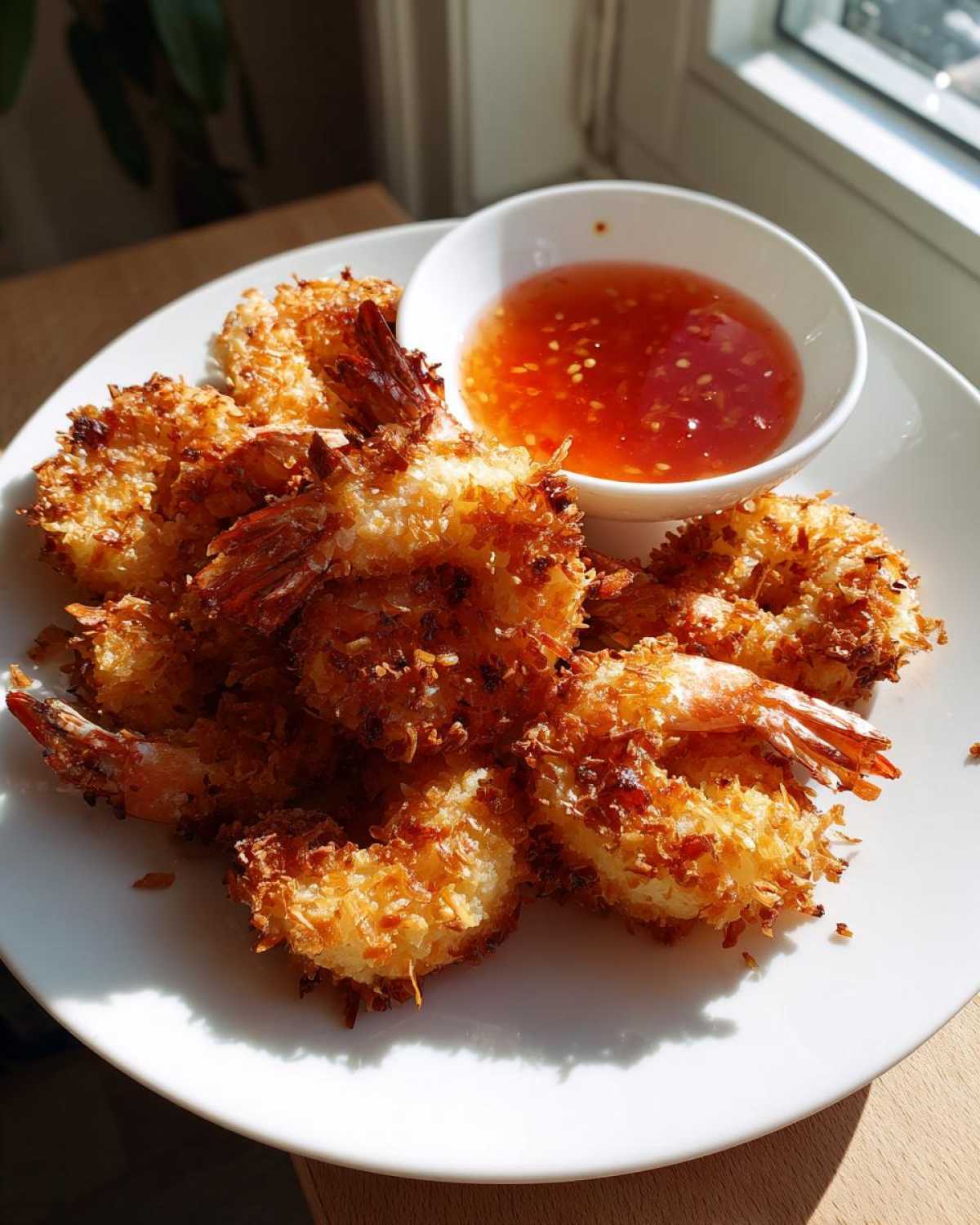 A plate of golden brown, crispy coconut shrimp served with a small bowl of sweet chili sauce.