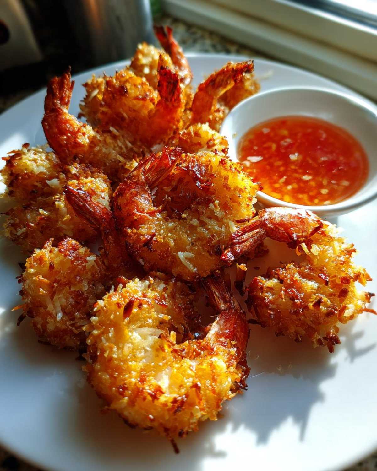 A plate of golden brown, crispy coconut shrimp served with a small bowl of sweet chili dipping sauce.
