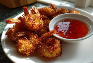A plate piled high with golden brown, crispy coconut shrimp served next to a small bowl of bright red sweet chili dipping sauce.