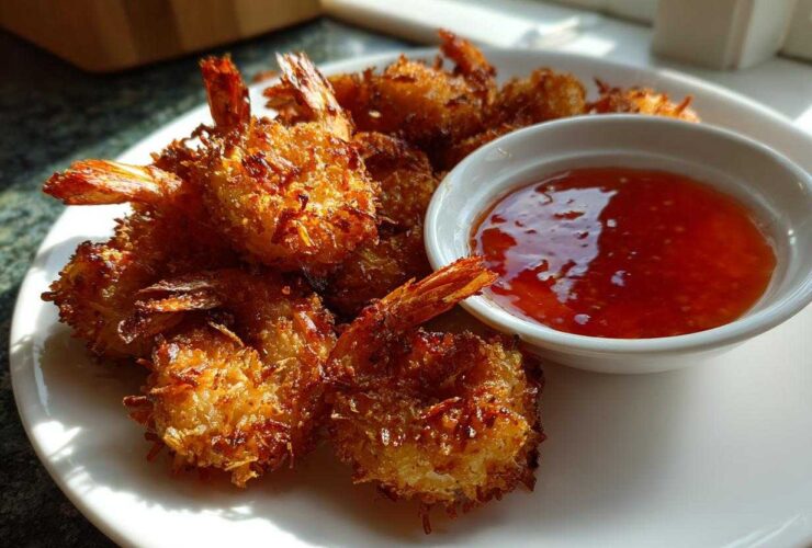 A plate piled high with golden brown, crispy coconut shrimp served next to a small bowl of bright red sweet chili dipping sauce.