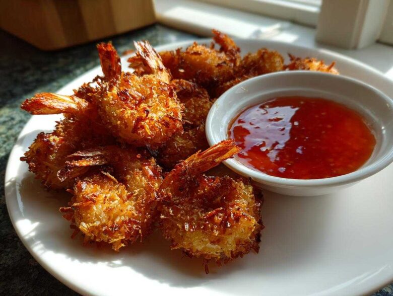 A plate piled high with golden brown, crispy coconut shrimp served next to a small bowl of bright red sweet chili dipping sauce.
