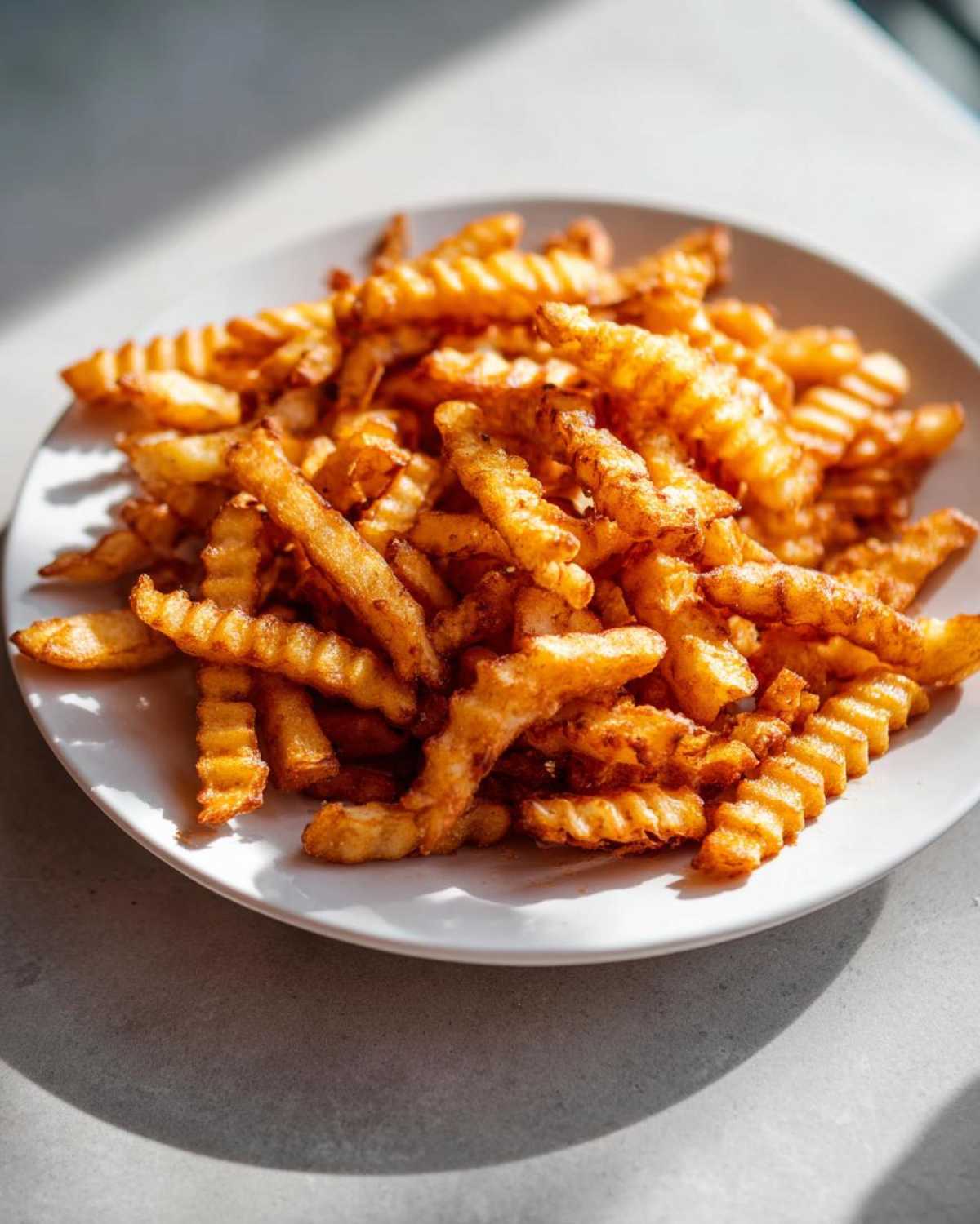 A plate piled high with golden brown, crispy crinkle cut air fryer french fries, highlighted by bright sunlight.