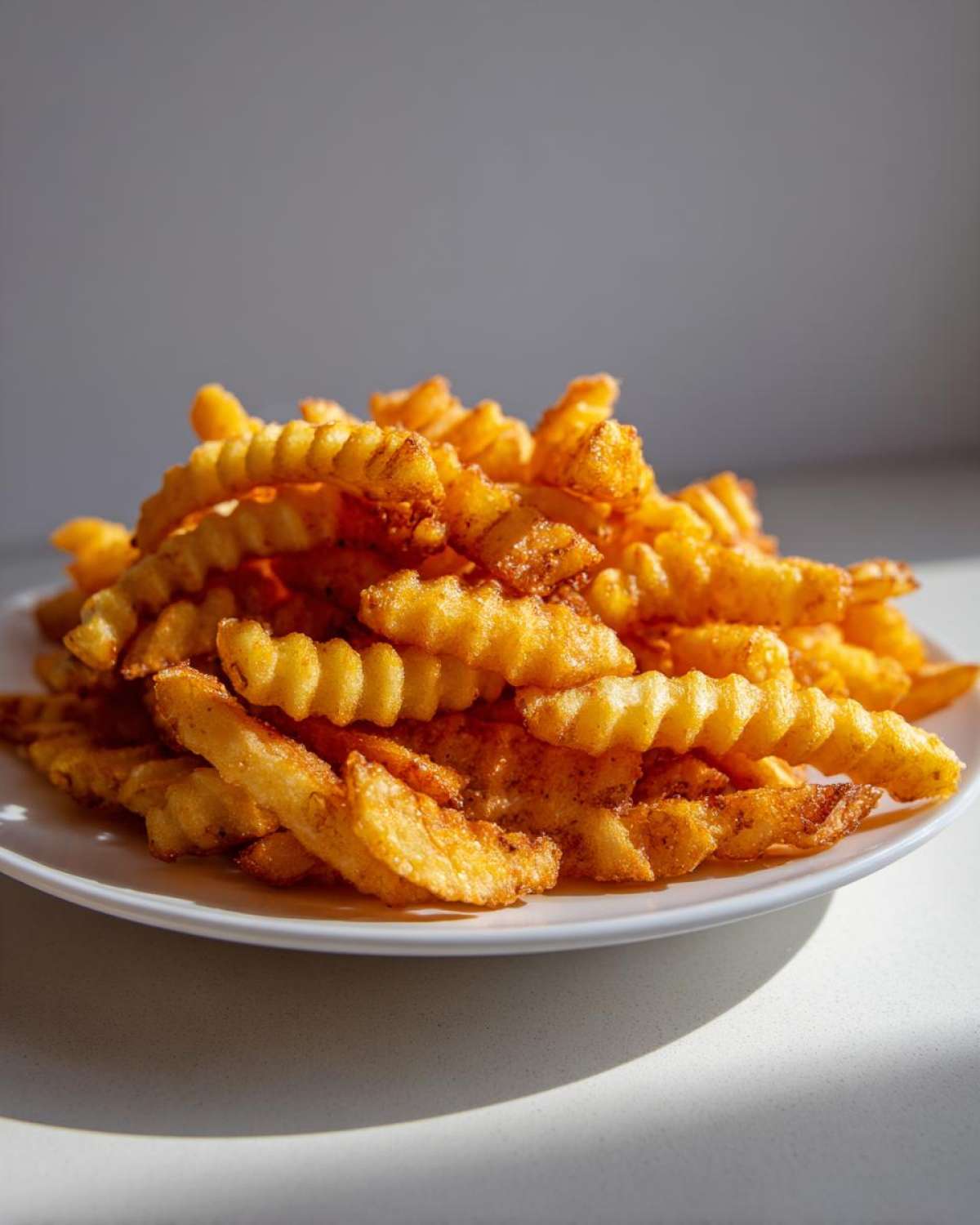 A mound of golden, seasoned, crinkle-cut air fryer french fries piled high on a white plate.