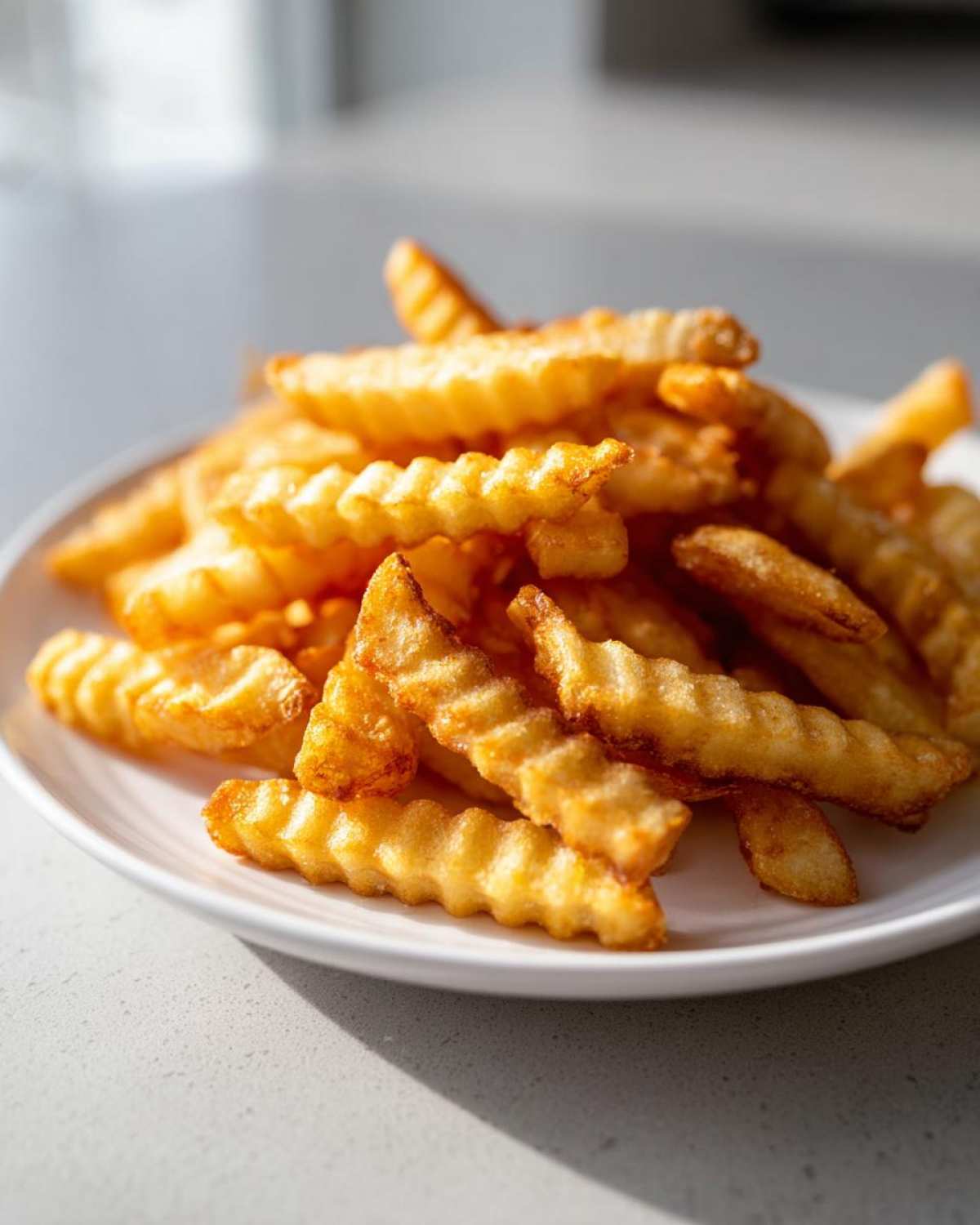 A close-up of golden, crispy crinkle cut air fryer french fries piled high on a white plate.