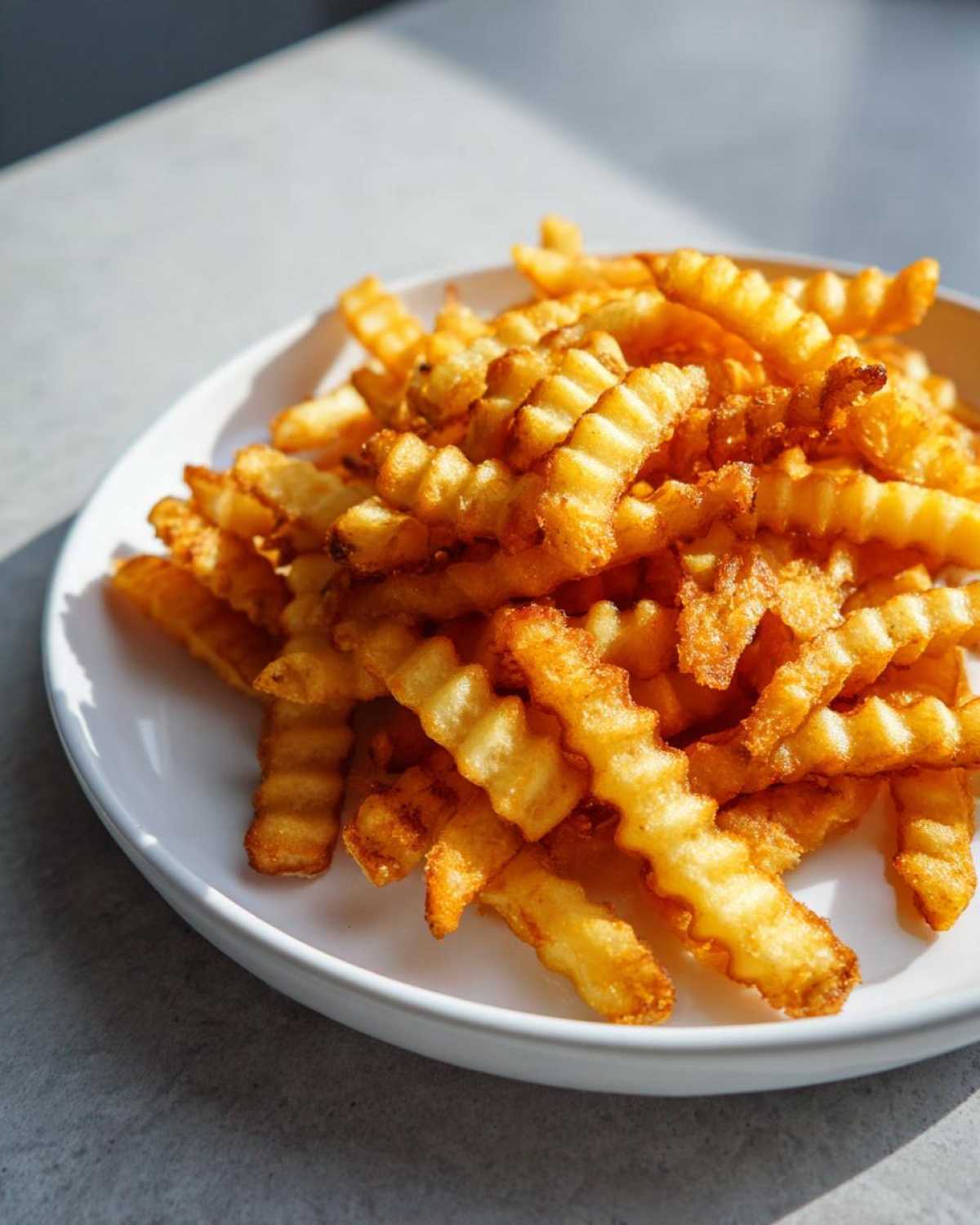 A close-up of golden, crispy crinkle cut air fryer french fries piled high on a white plate.