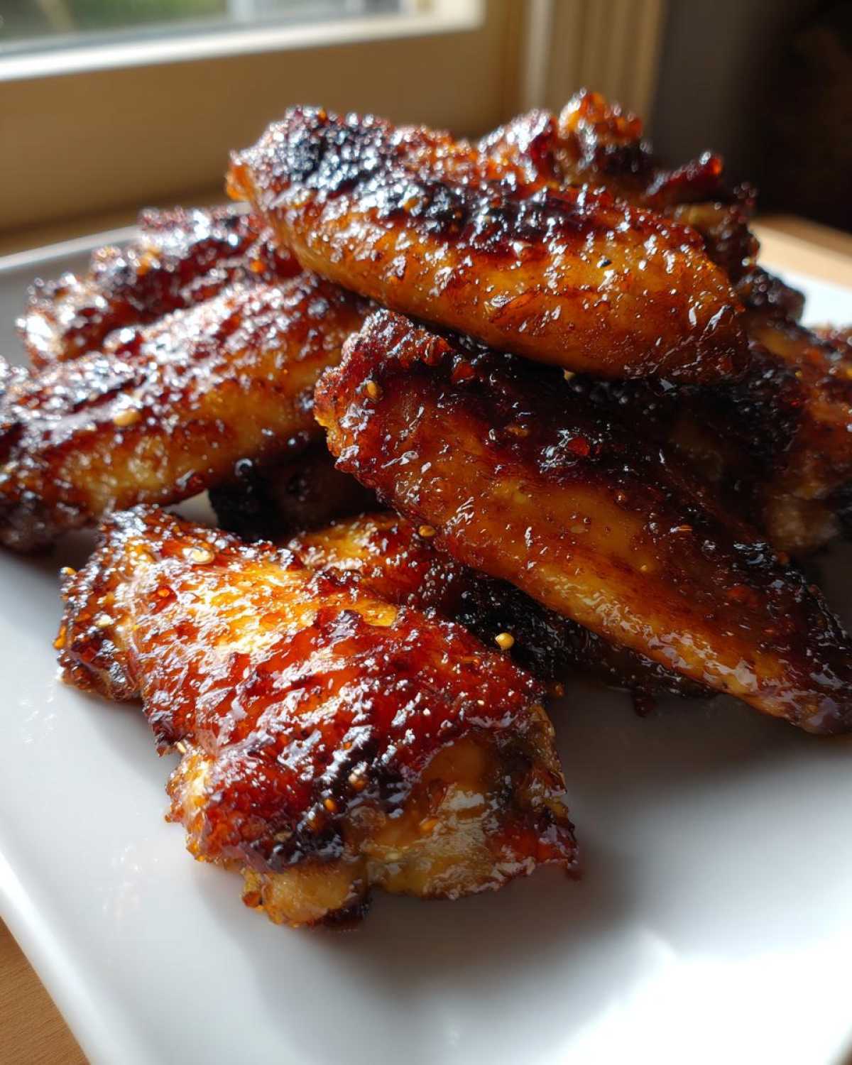 Close-up of several crispy, glazed chicken wing pieces piled on a white plate.