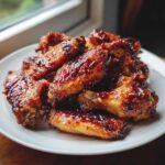 A pile of crispy, glazed chicken wing pieces coated in a shiny, dark sauce, served on a white plate.