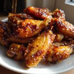Close-up of several crispy, glazed chicken wing pieces piled high on a white plate.