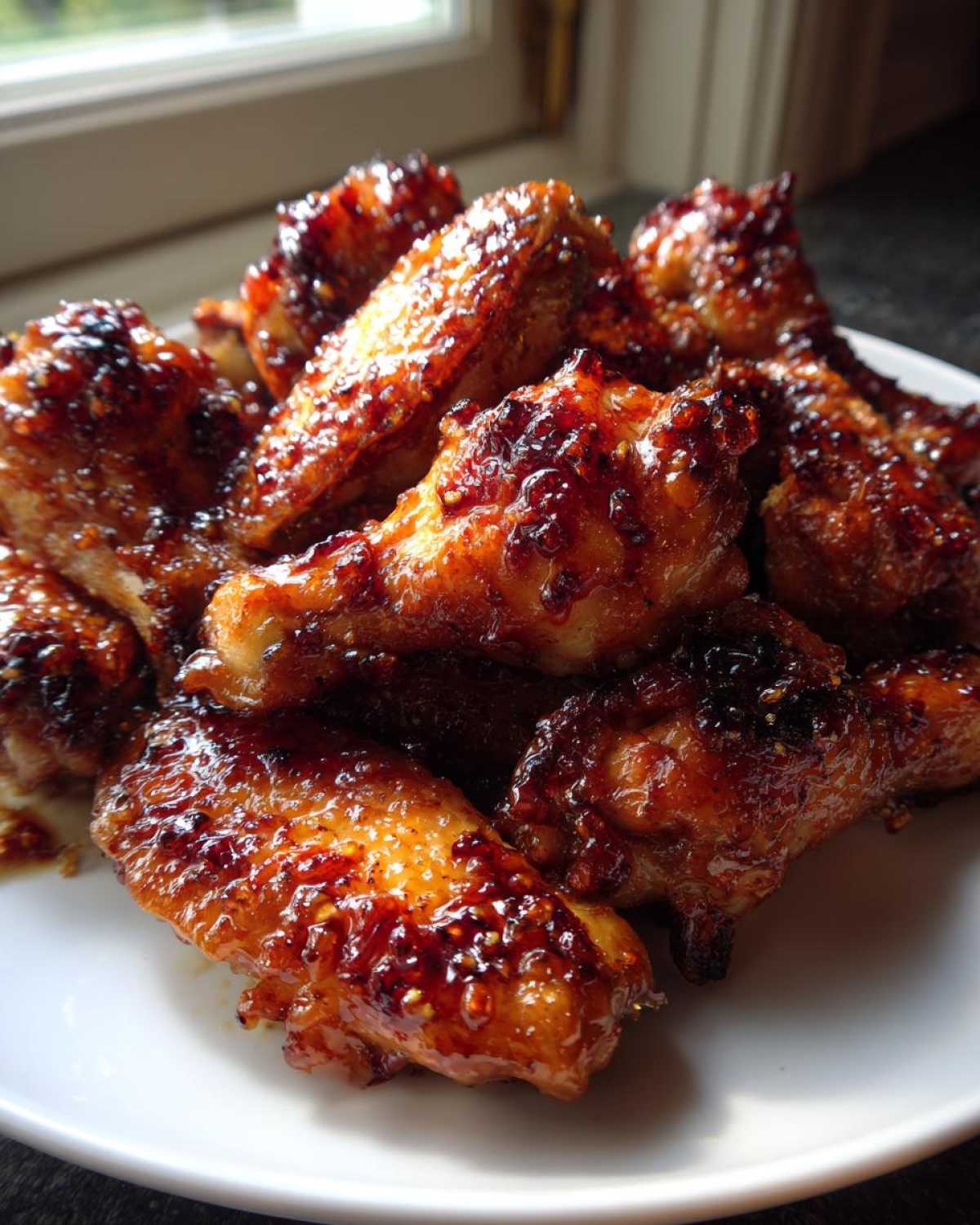A close-up of several crispy, glazed chicken wing pieces piled high on a white plate.