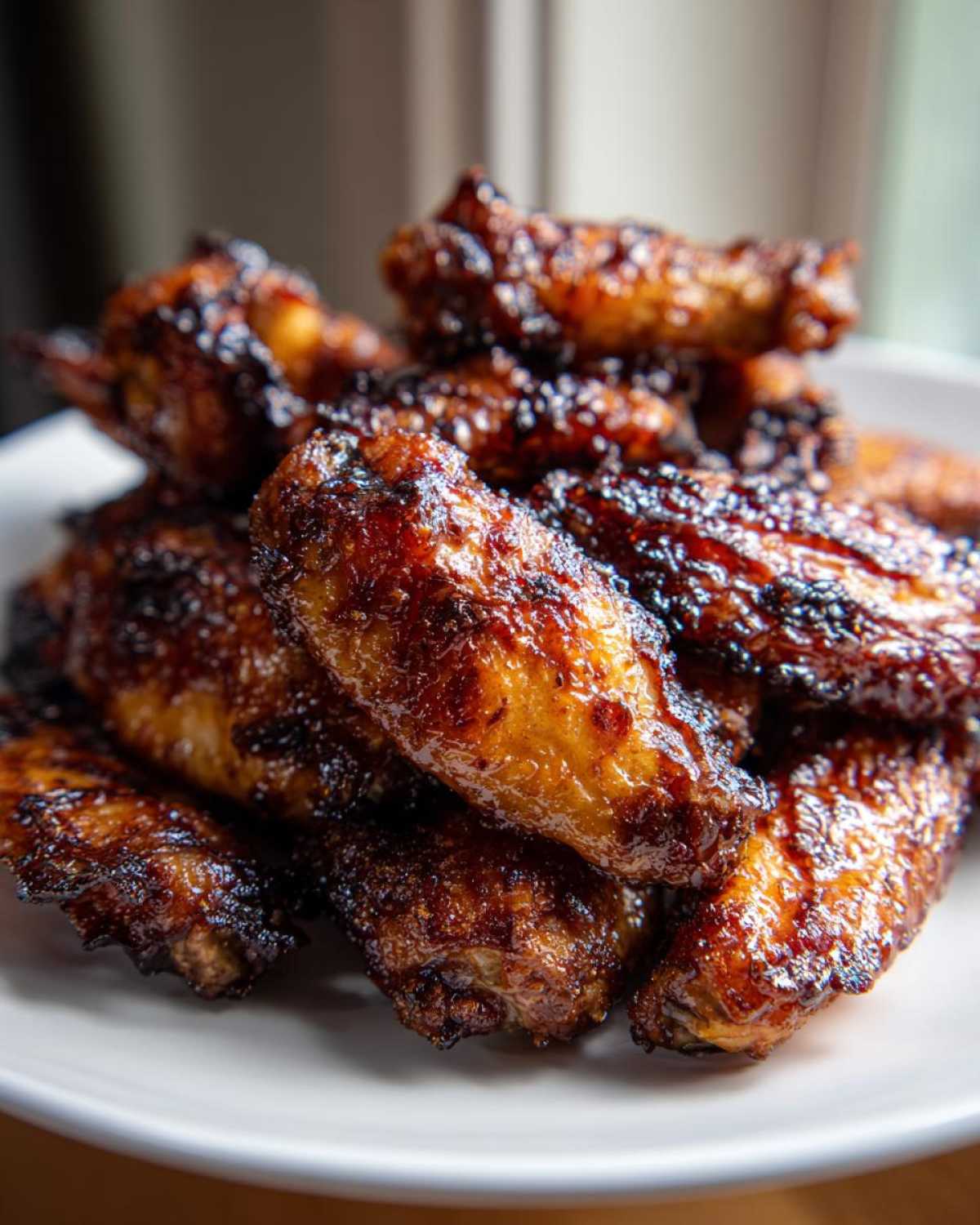 Close-up of a pile of perfectly cooked, crispy, and glazed chicken wing pieces stacked on a white plate.