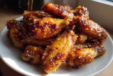 Close-up of several crispy, glazed chicken wing pieces piled high on a white plate.