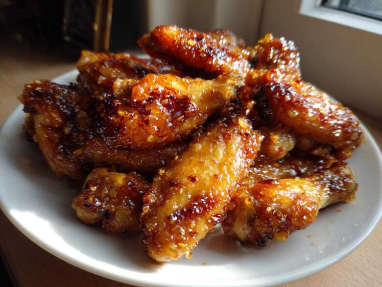 Close-up of several crispy, glazed chicken wing pieces piled high on a white plate.