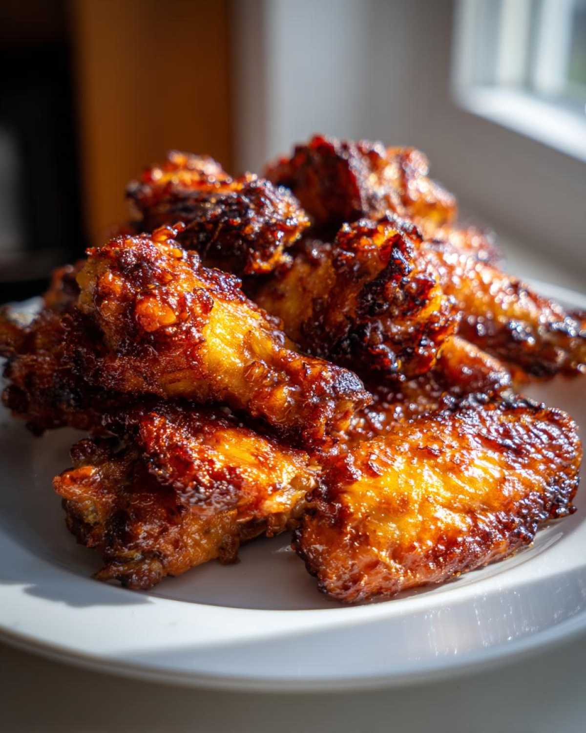 Close-up of several crispy, glazed chicken wing pieces piled on a white plate, catching the sunlight.