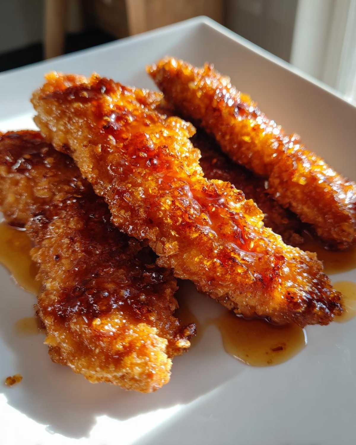 Close-up of crispy, golden brown hot honey chicken tenders drizzled with sticky, sweet glaze.