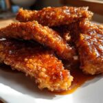 Close-up of crispy, golden hot honey chicken tenders piled on a white plate, dripping with a shiny, dark glaze.