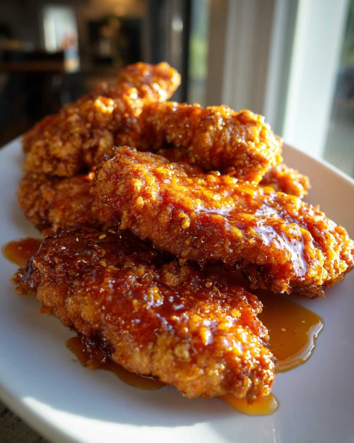 Close-up of crispy, golden hot honey chicken tenders generously coated in a shiny, amber glaze on a white plate.