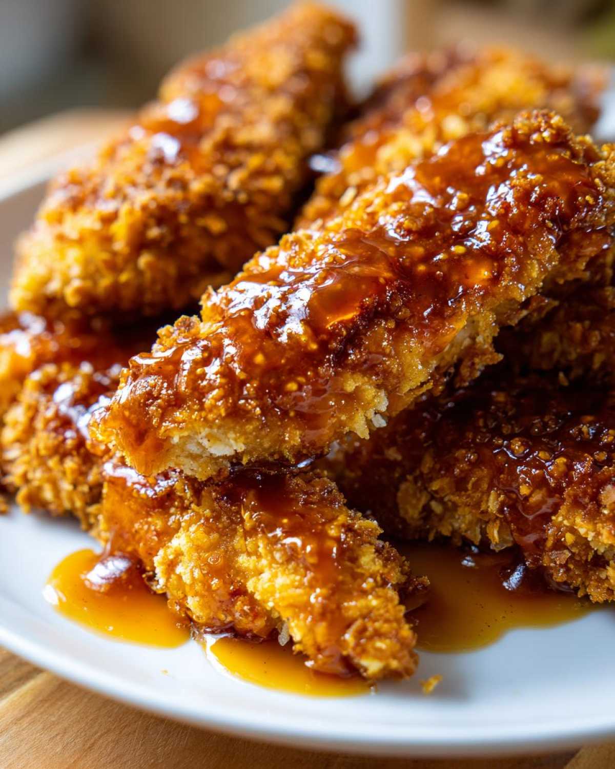 Close-up of crispy, golden hot honey chicken tenders generously coated in a sticky, shiny hot honey glaze.