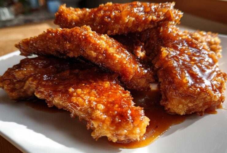 Close-up of crispy, golden hot honey chicken tenders piled on a white plate, dripping with a shiny, dark glaze.
