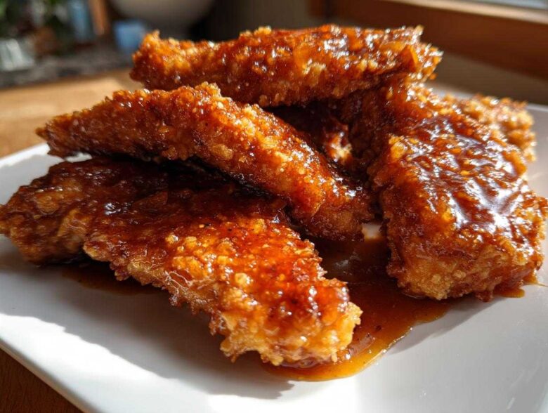 Close-up of crispy, golden hot honey chicken tenders piled on a white plate, dripping with a shiny, dark glaze.