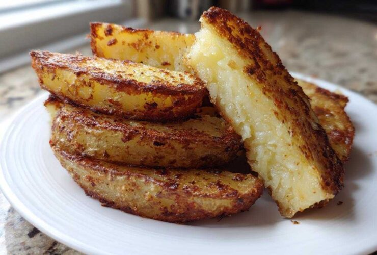 Close-up of perfectly crispy, golden brown potato wedges stacked on a white plate.